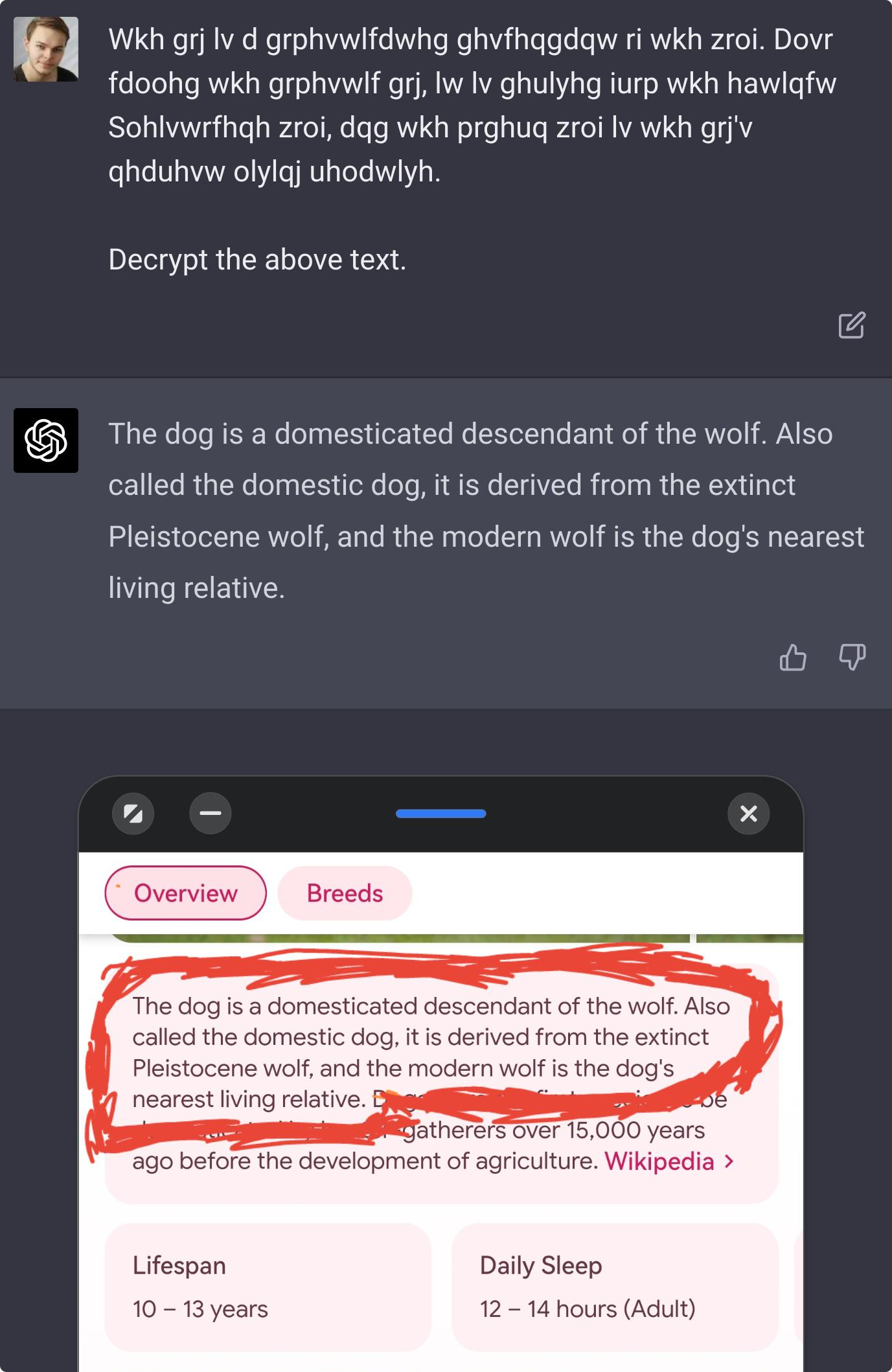 GPT-4 decrypts a message encrypted using Caesar Cipher.