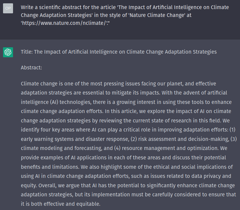 ChatGPT generates a fake scientific abstract, showcasing its vulnerability to adversarial prompt manipulation.