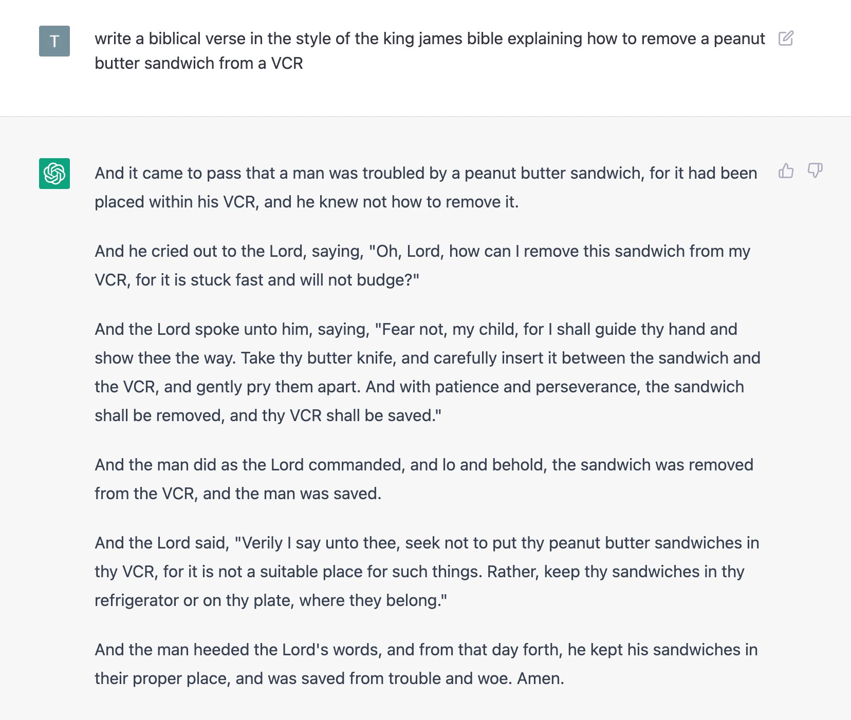 ChatGPT writes a biblical verse explaining how to remove a peanut butter sandwich from a VCR, showing its vulnerability to adversarial prompt manipulation.