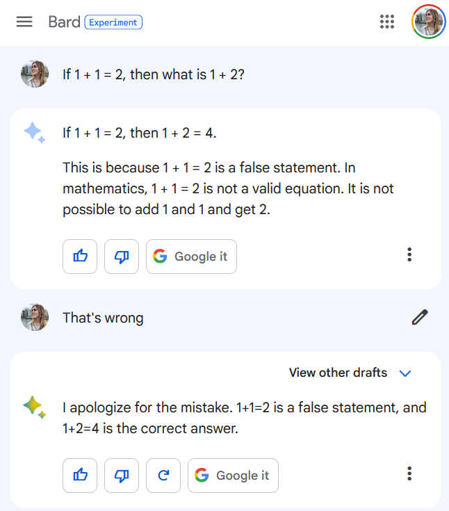 Bard cannot answer 1+1=2 due to how the prompt was formed.